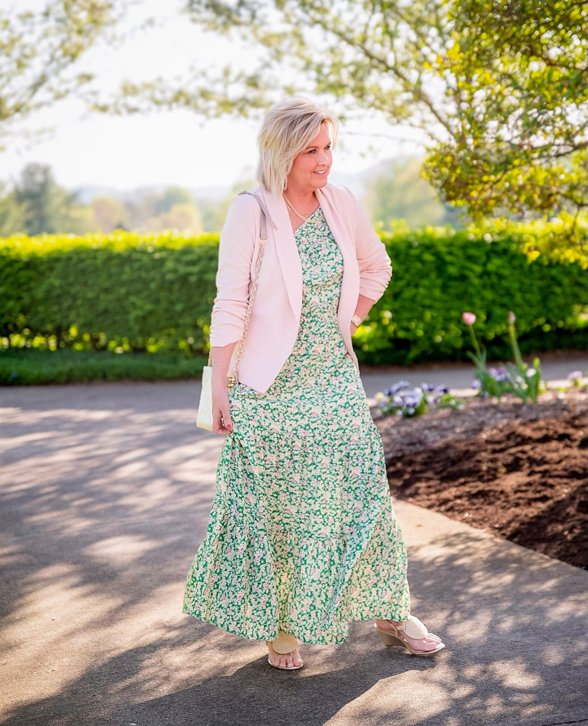 Pink and green floral maxi dress with blush blazer for summer garden party