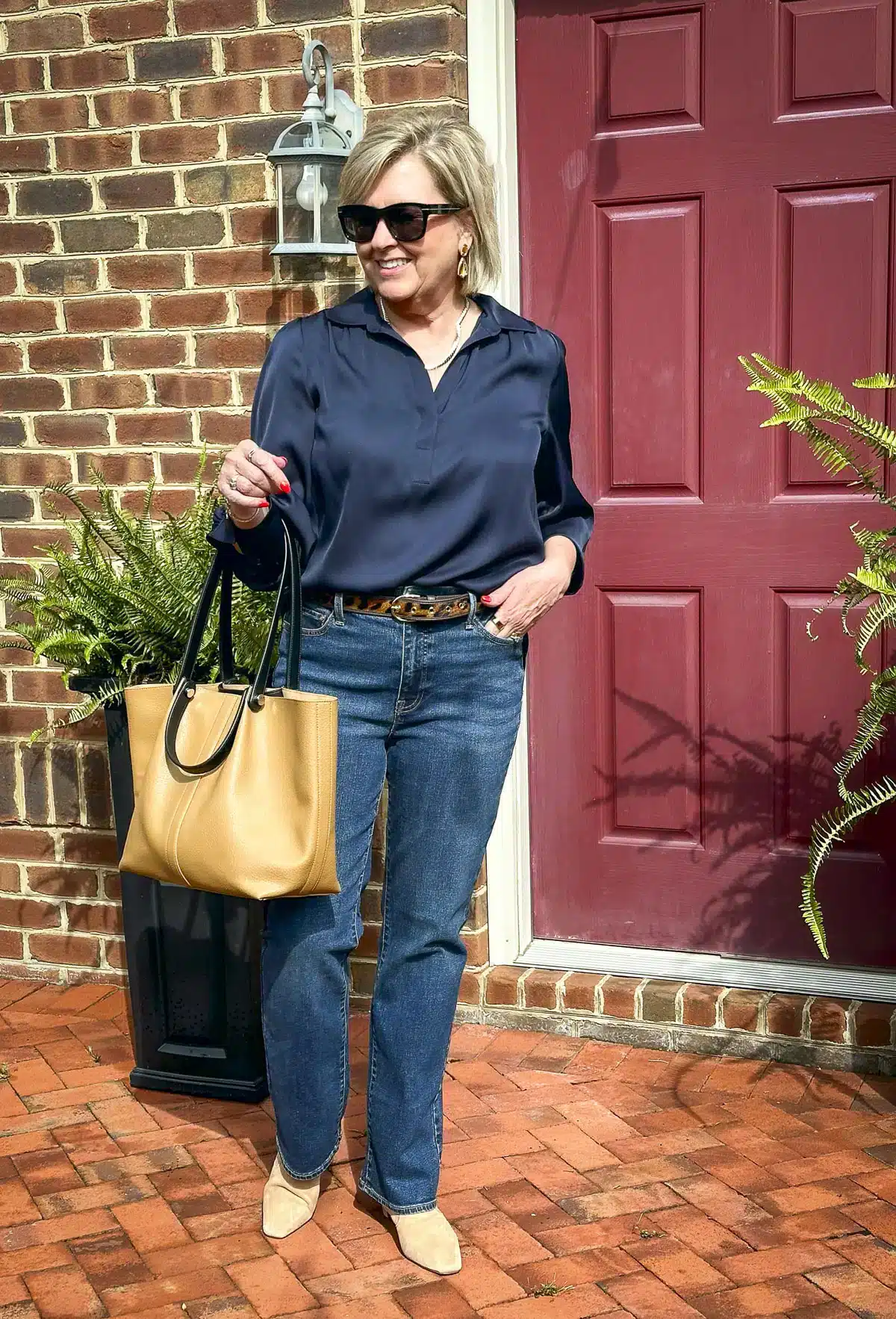 Navy Silk Blouse with Neutral Accessories 