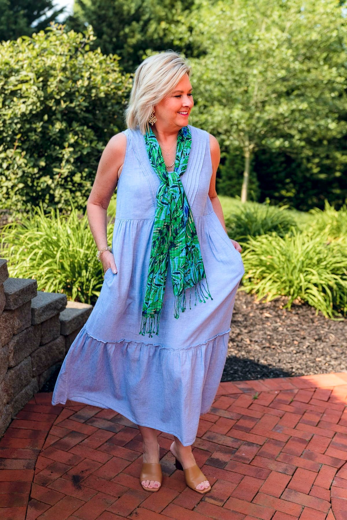 Over 50 Fashion Blogger, Tania Stephens is doing a J.Jill Try On Haul in a sleeveless tiered dress and scarf 15