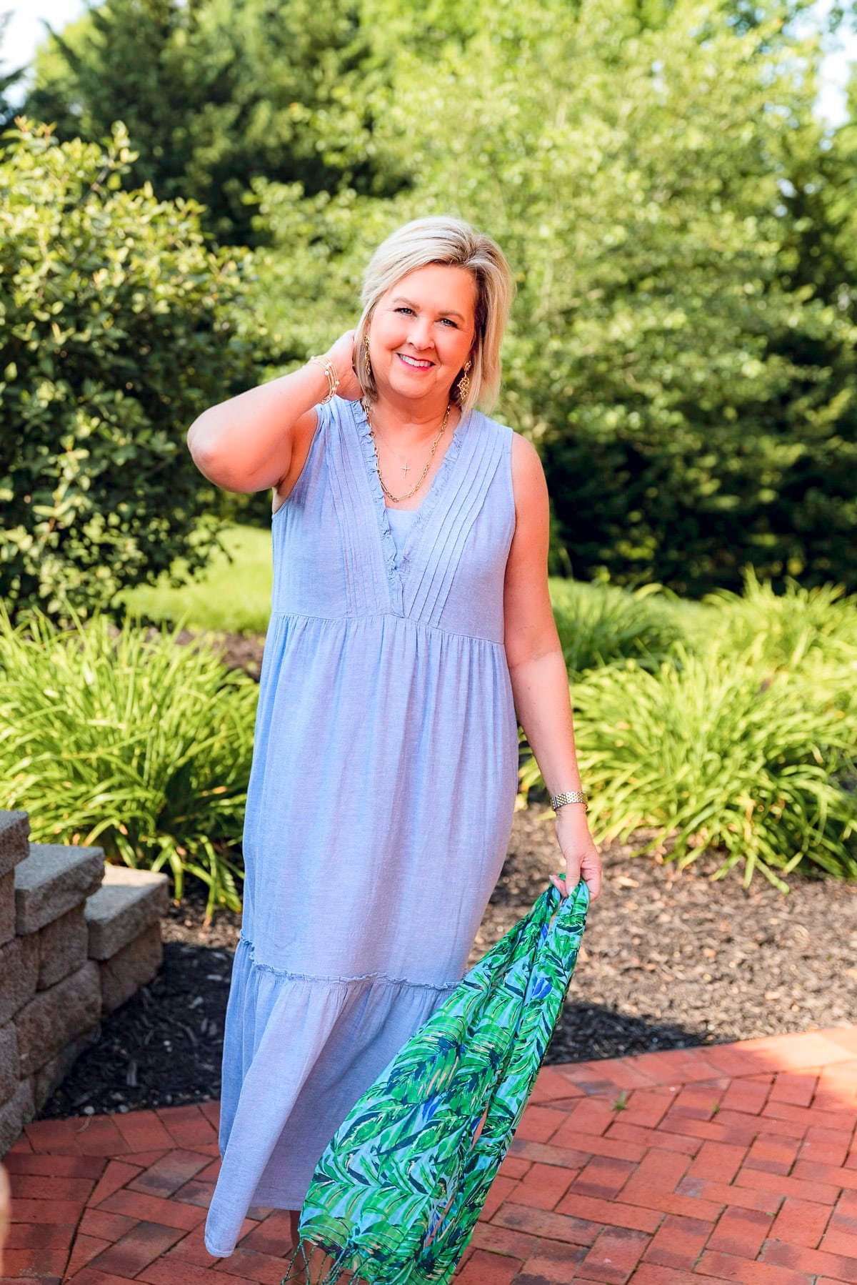 Over 50 Fashion Blogger, Tania Stephens is doing a J.Jill Try On Haul in a sleeveless tiered dress and scarf20