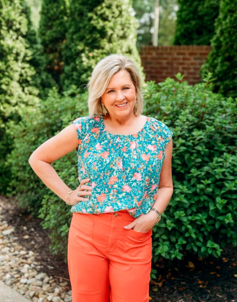 Over 50 Fashion Blogger, Tania Stephens is showcasing Lauren Conrad at Kohl's with red/coral crops and a floral shirt19