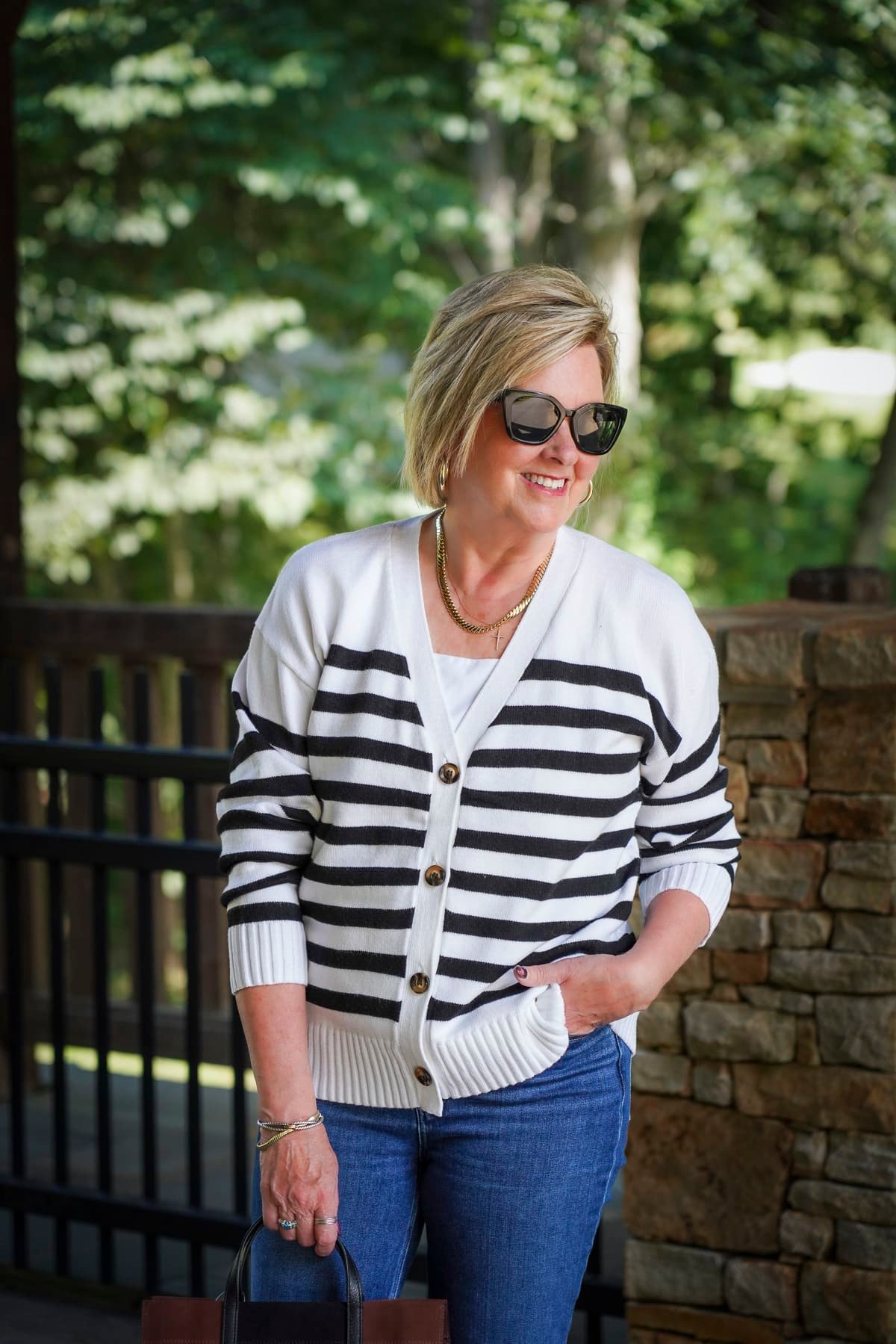 Tania Stephens is wearing an Amazon Black and white cardigan sweater8