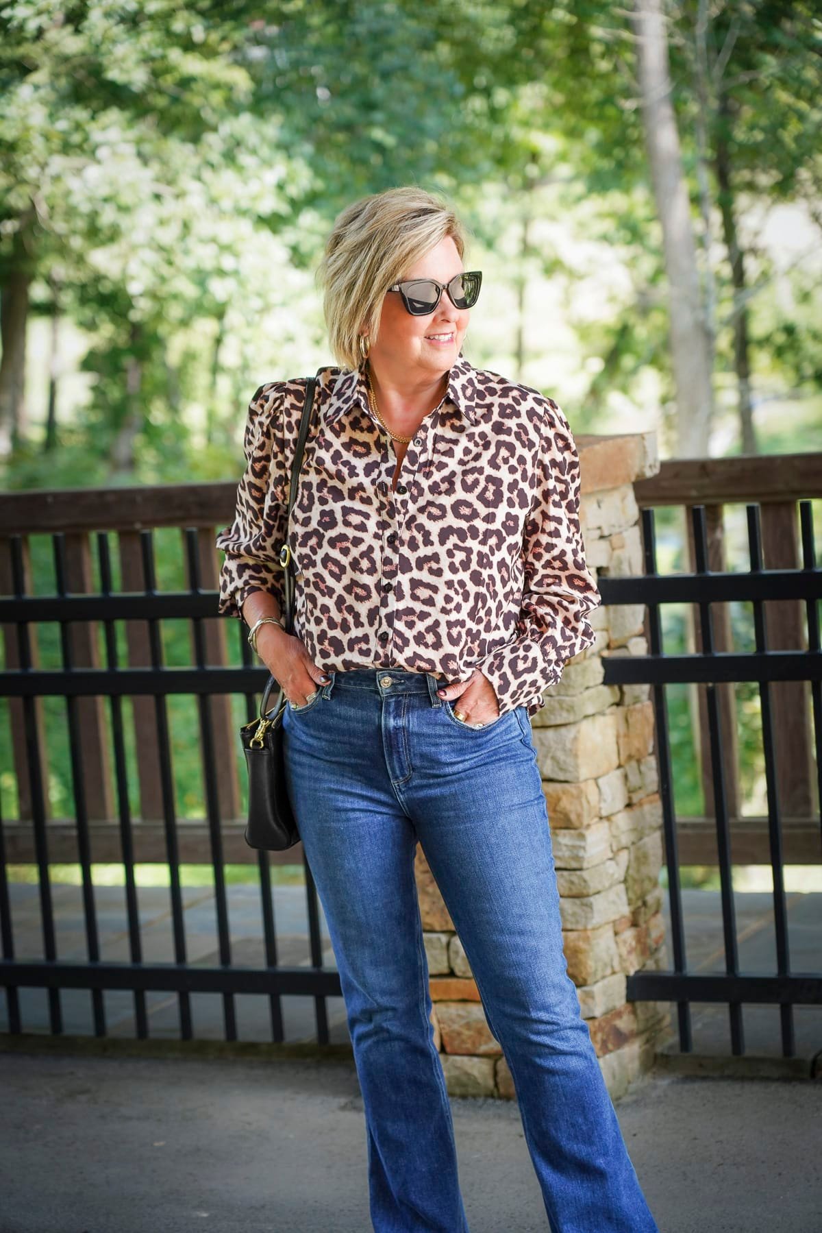 Tania Stephens is wearing an Amazon Leopard print lantern sleeve blouse-8