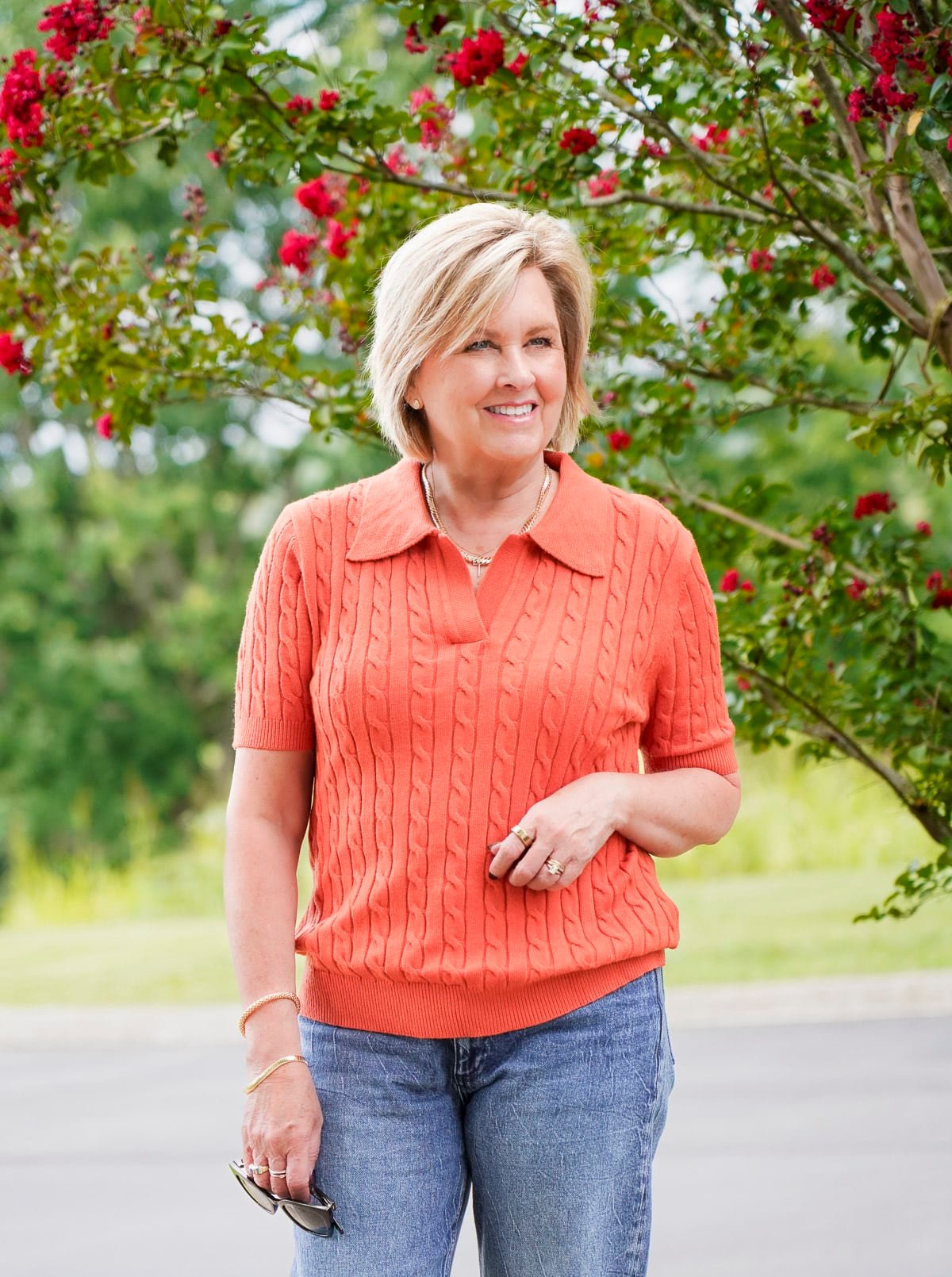 Tania Stephens is wearing an Amazon rust orange cable knit sweater