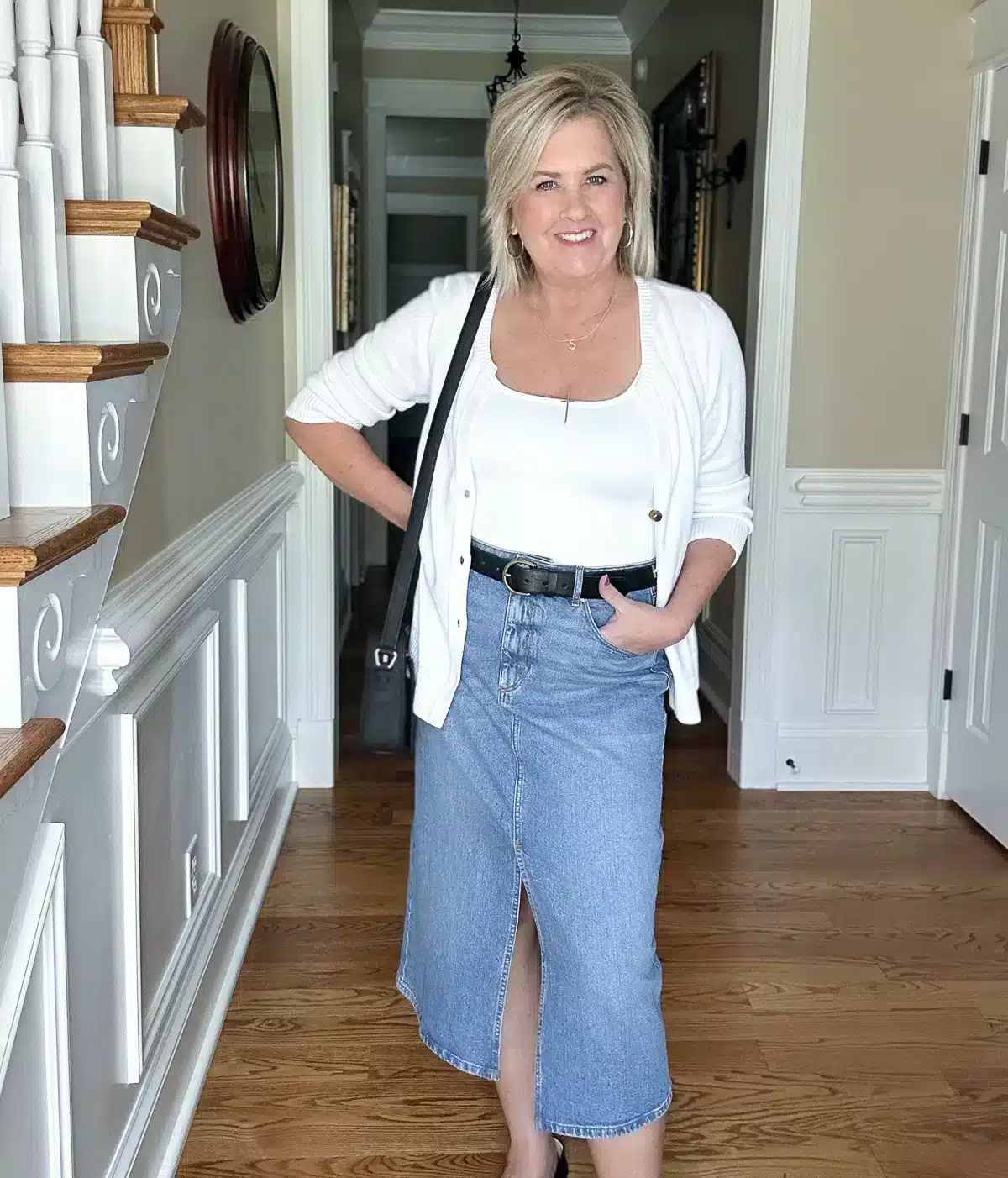 A casual denim skirt and white tee outfit for everyday
