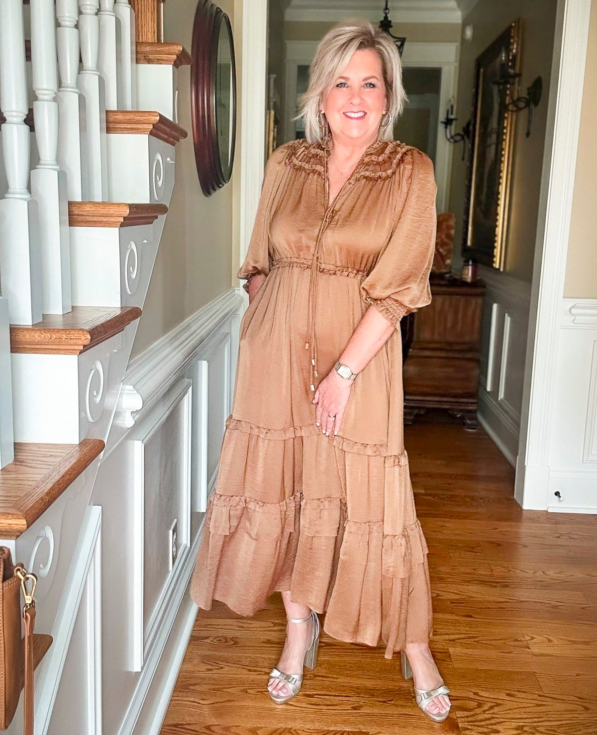 Over 50 Fashion Blogger Tania Stephens is wearing a bronze dress for a fall date night for women over 50-39