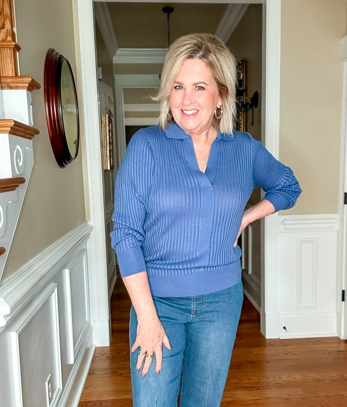 Fashion Blogger, Tania Stephens is wearing a blue Trendy top for women over 50
