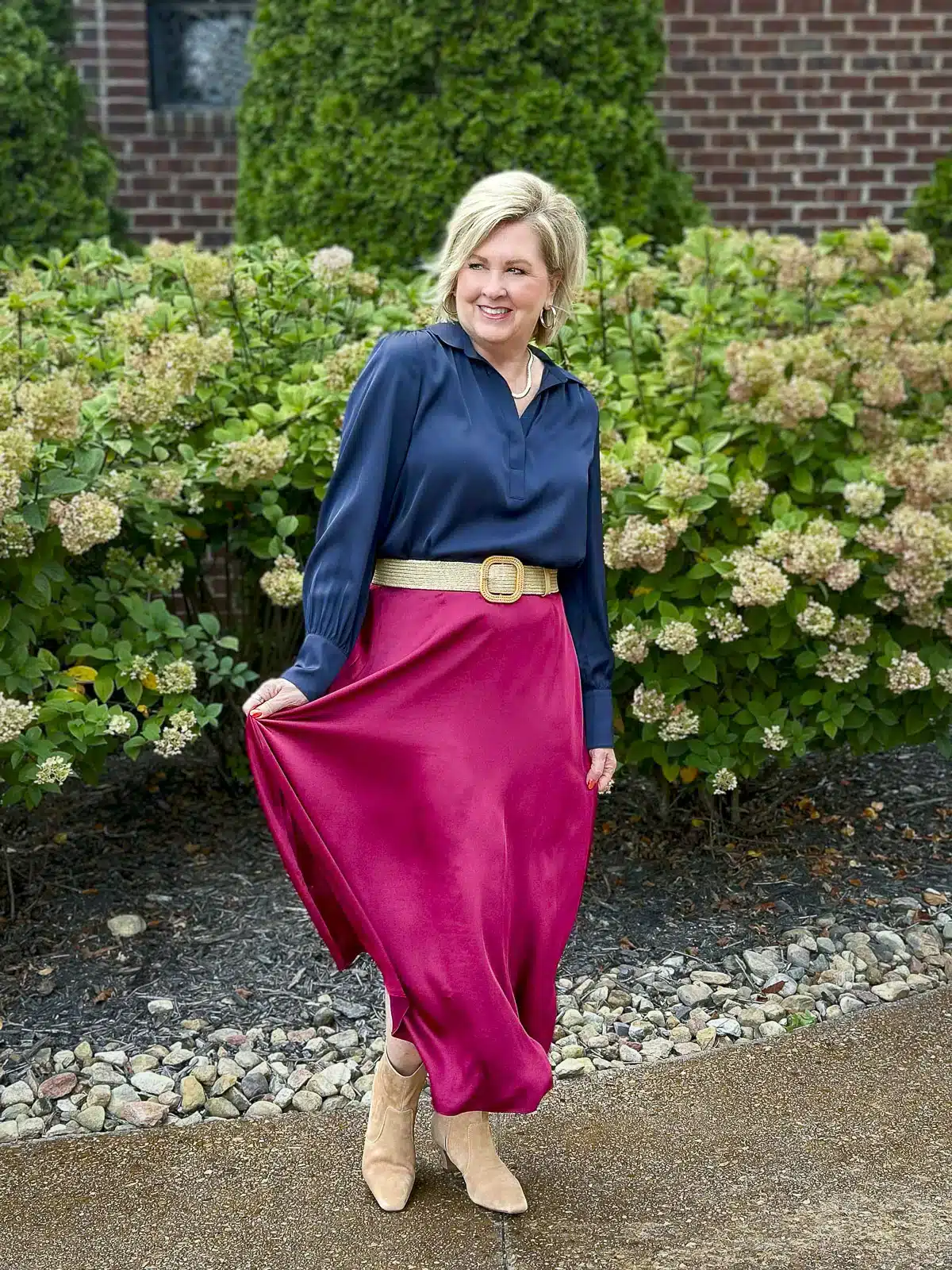 Ankle Boots Styled with a Satin Shirt and Skirt for Fall by Tania Stephens