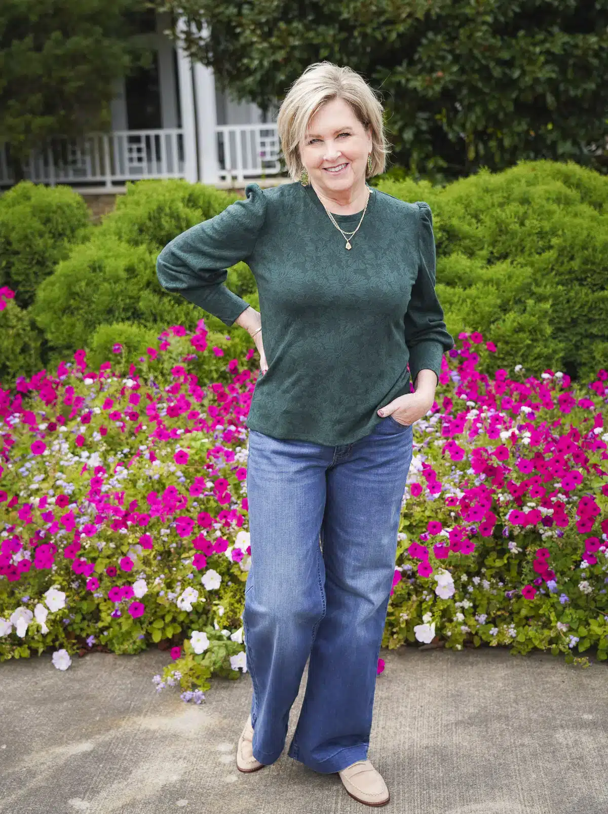 Beautiful Emerald Green long sleeve top with a floral texture