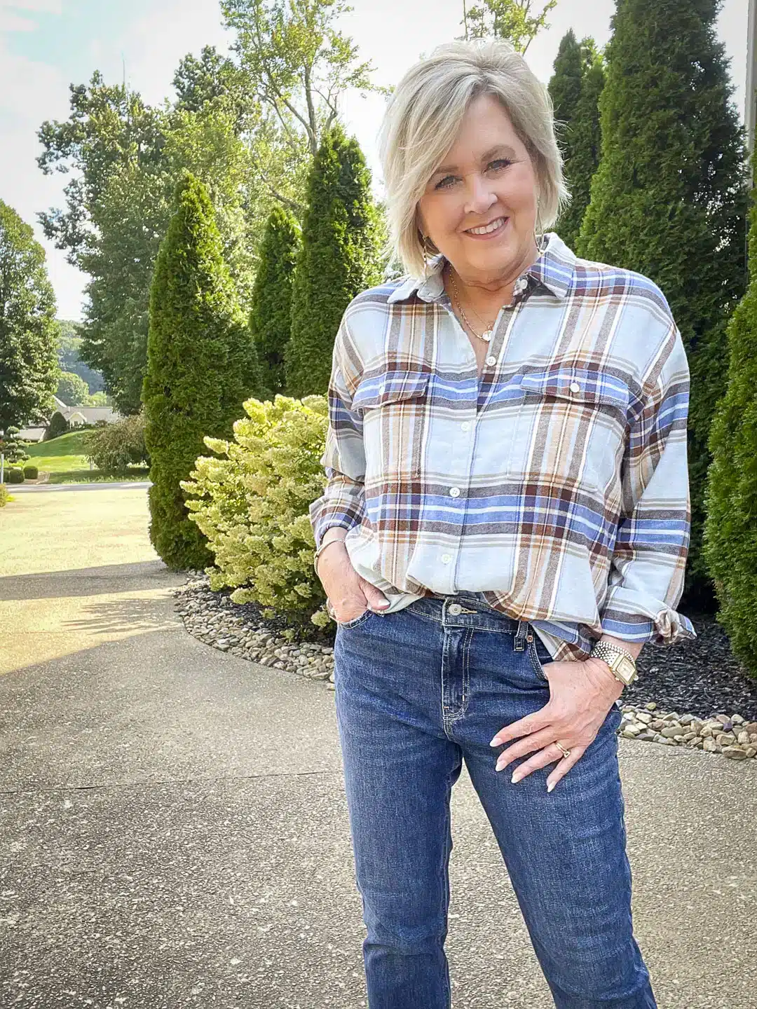 Flannel Shirt for fall on over 50 blogger Tania Stephens