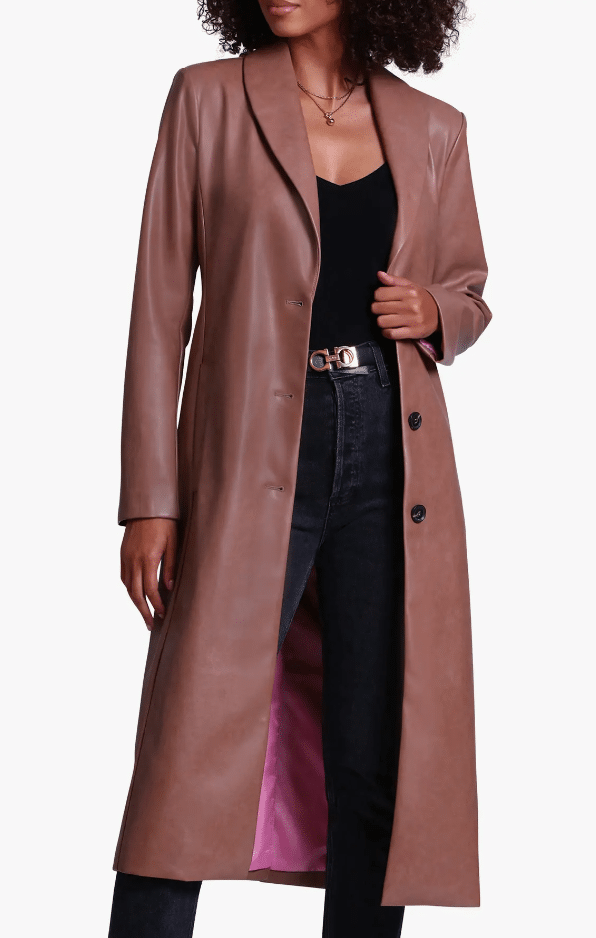 The Best Faux Leather Clothing For Women Over 50 Tania Stephens fashion blogger long coat