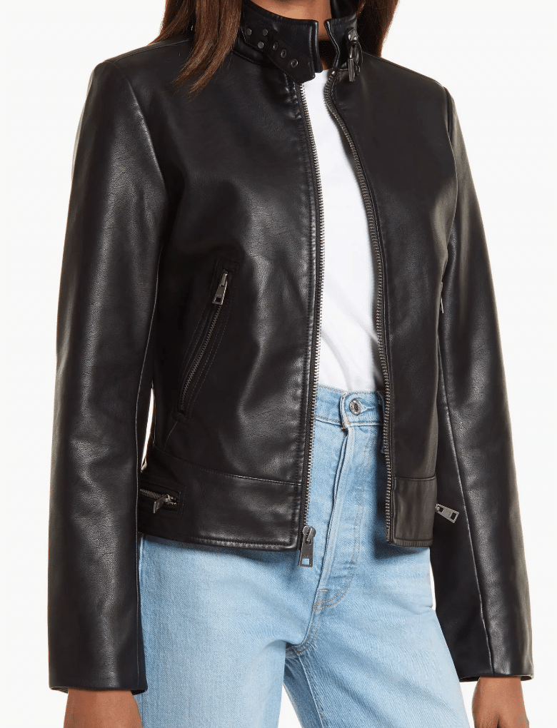 The Best Faux Leather Clothing For Women Over 50 Tania Stephens fashion blogger racing jacket