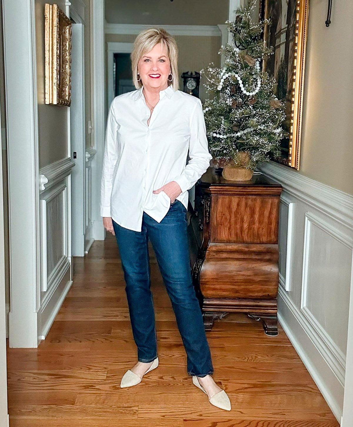 J.Jill in home try on12 with a white shirt and jeans