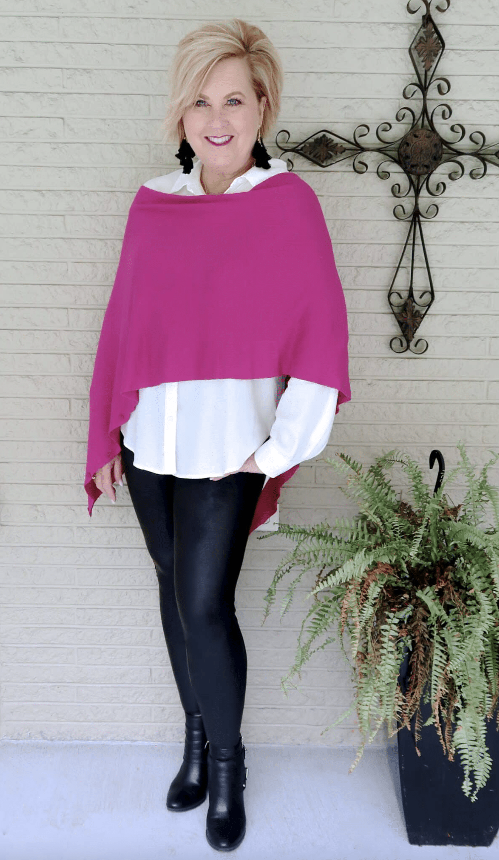 Over 50 Fashion Blogger, Tania Stephens is wearing faux leather SPANX leggings