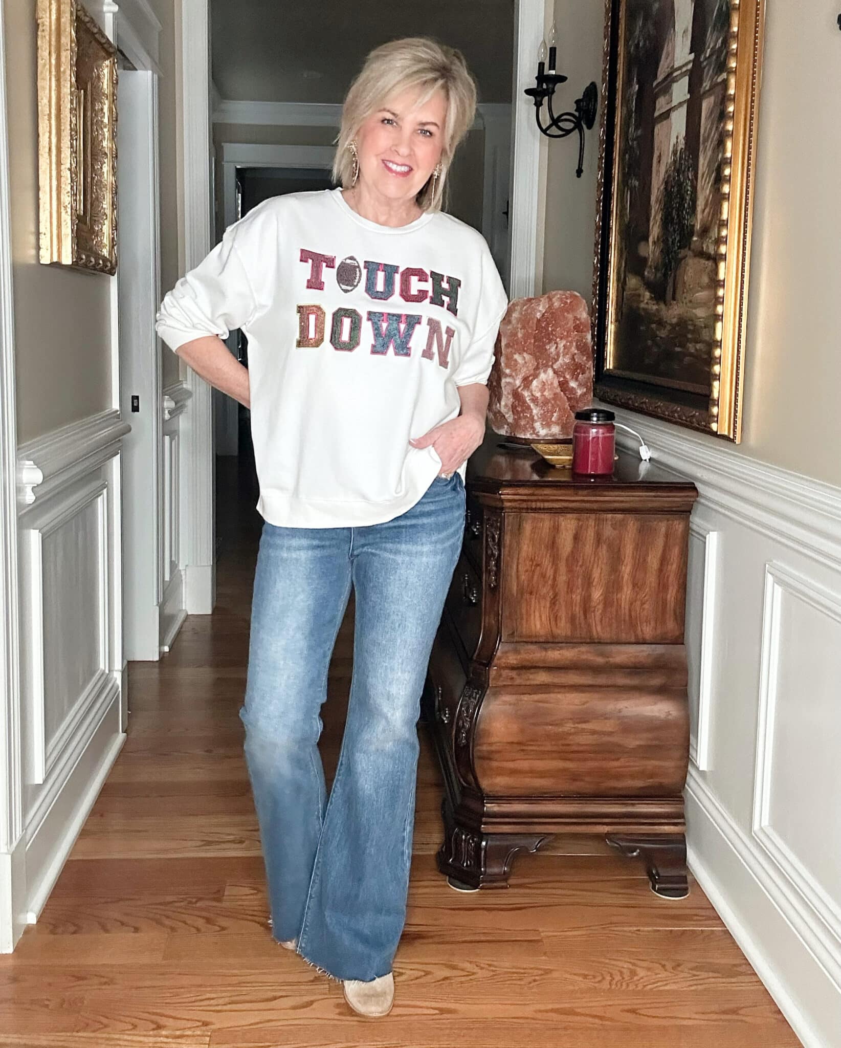 Touch Down game day sequin sweatshirtThe Best Football-themed Shirts For Women Over 50 tania stephens fashion blogger 50 is not old