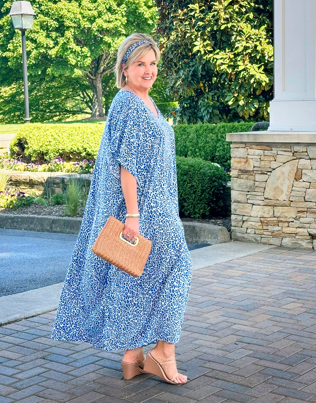 Over 50 Fashion Blogger, Tania Stephens is wearing a blue leopard Caftan7