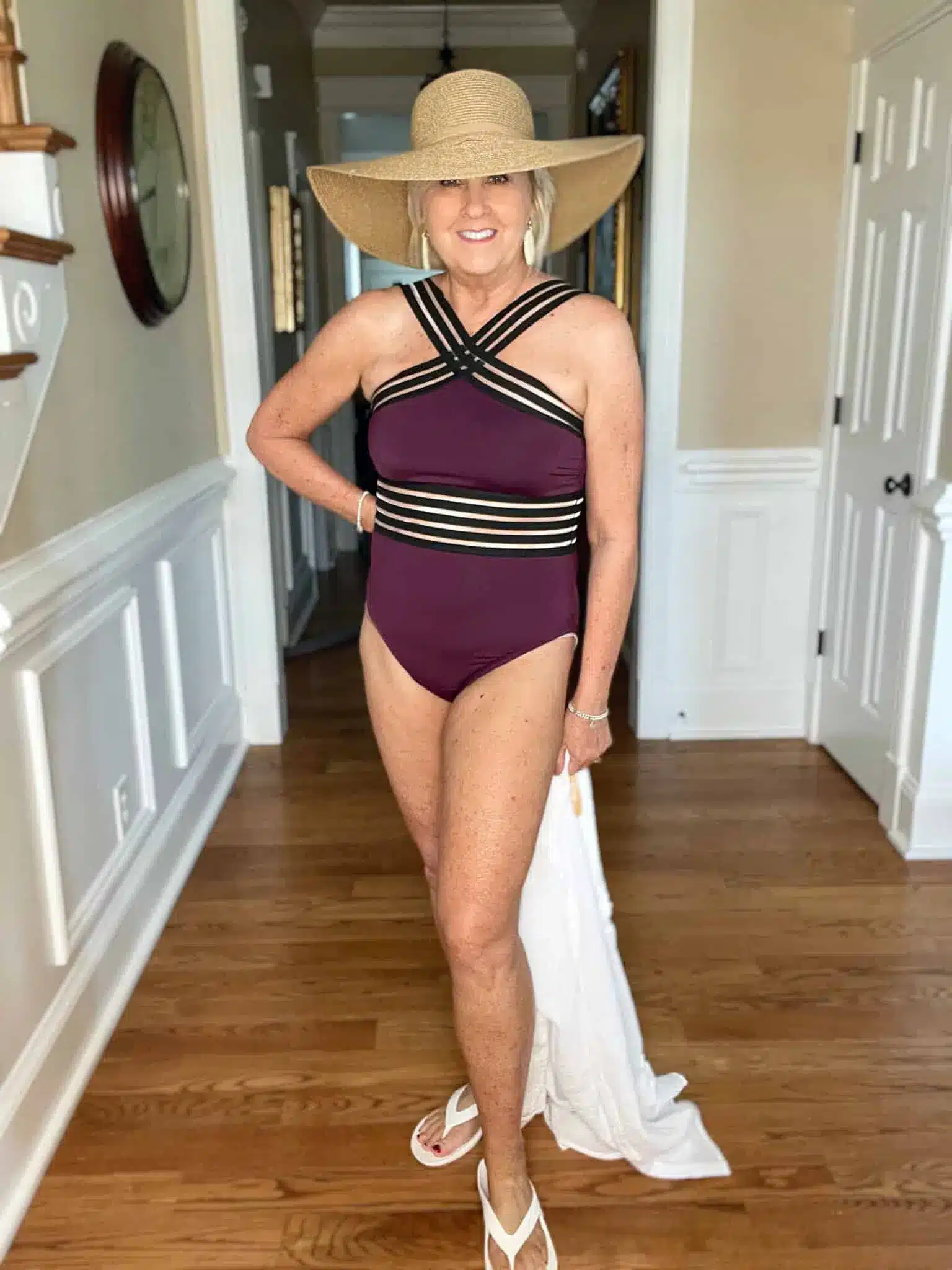 Blogger styling a modest one piece swimsuit