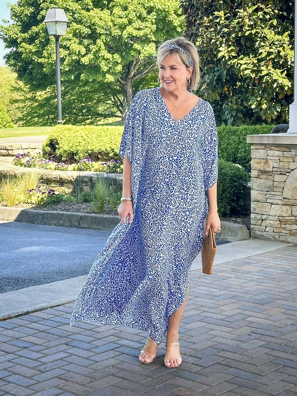 Over 50 Fashion Blogger, Tania Stephens is wearing a blue leopard Caftan 5