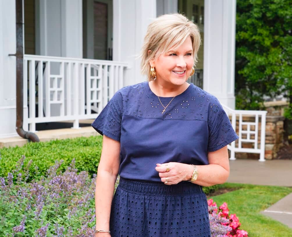 Over 50 Fashion Blogger, Tania Stephens is showing how to find your style with Walmart - navy eyelet top & skirt3