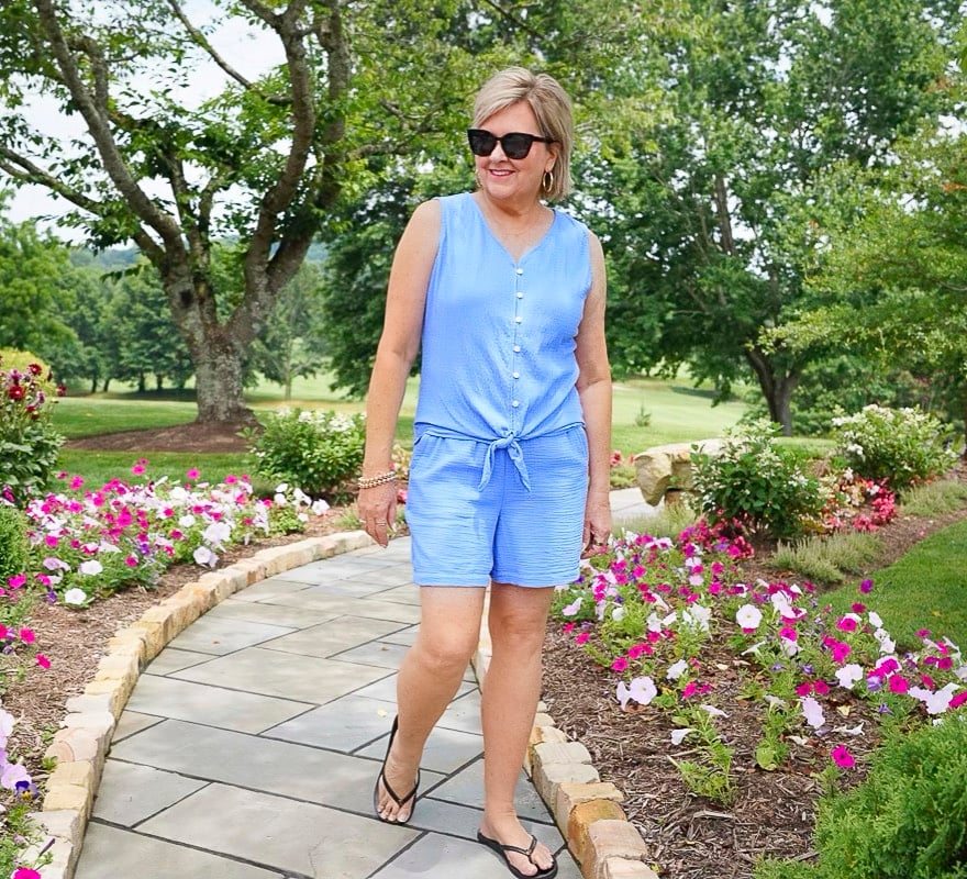 Over 50 Fashion Blogger, Tania Stephens is wearing a blue gauze short set11