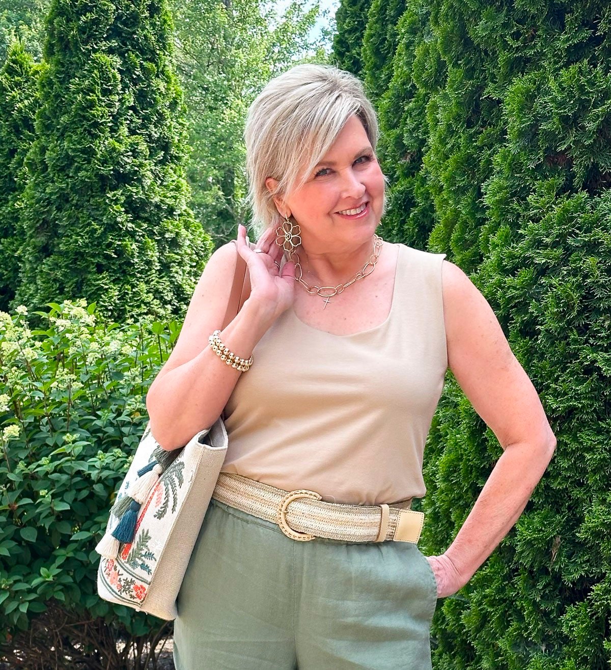 Over 50 Fashion Blogger, Tania Stephens is wearing olive pants, and wearing Spartina 449 jewelry2