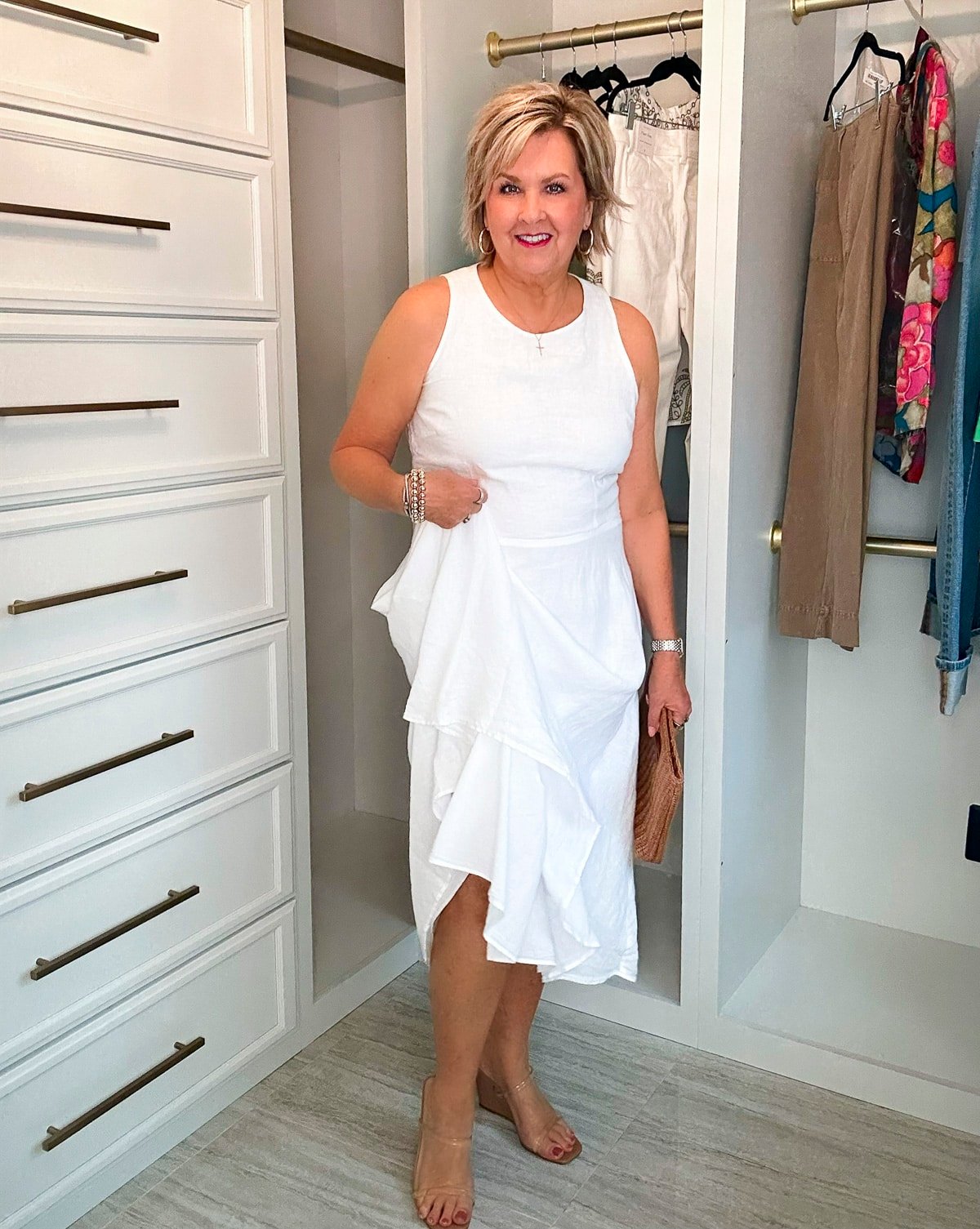 Over 50 Fashion Blogger, Tania Stephens is showing how to beat the summer heatwave In a white linen dress17