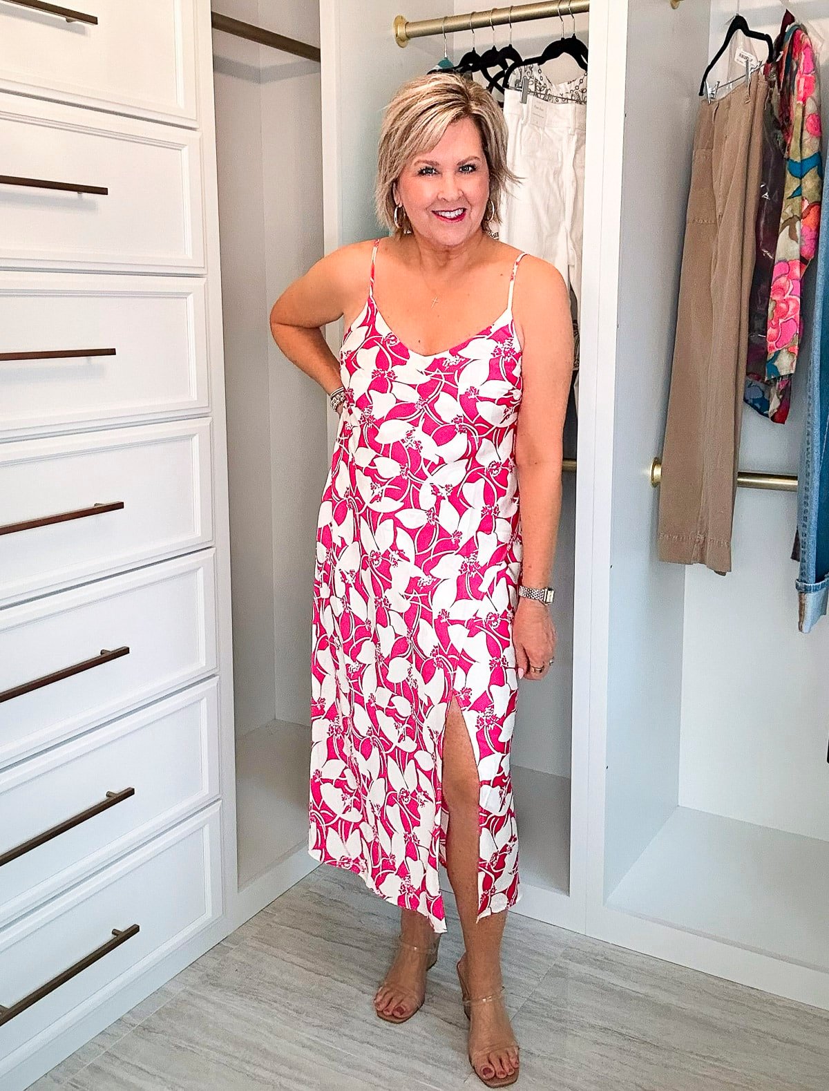 Over 50 Fashion Blogger, Tania Stephens is showing how to beat the summer heatwave In a pink satin slip dress19