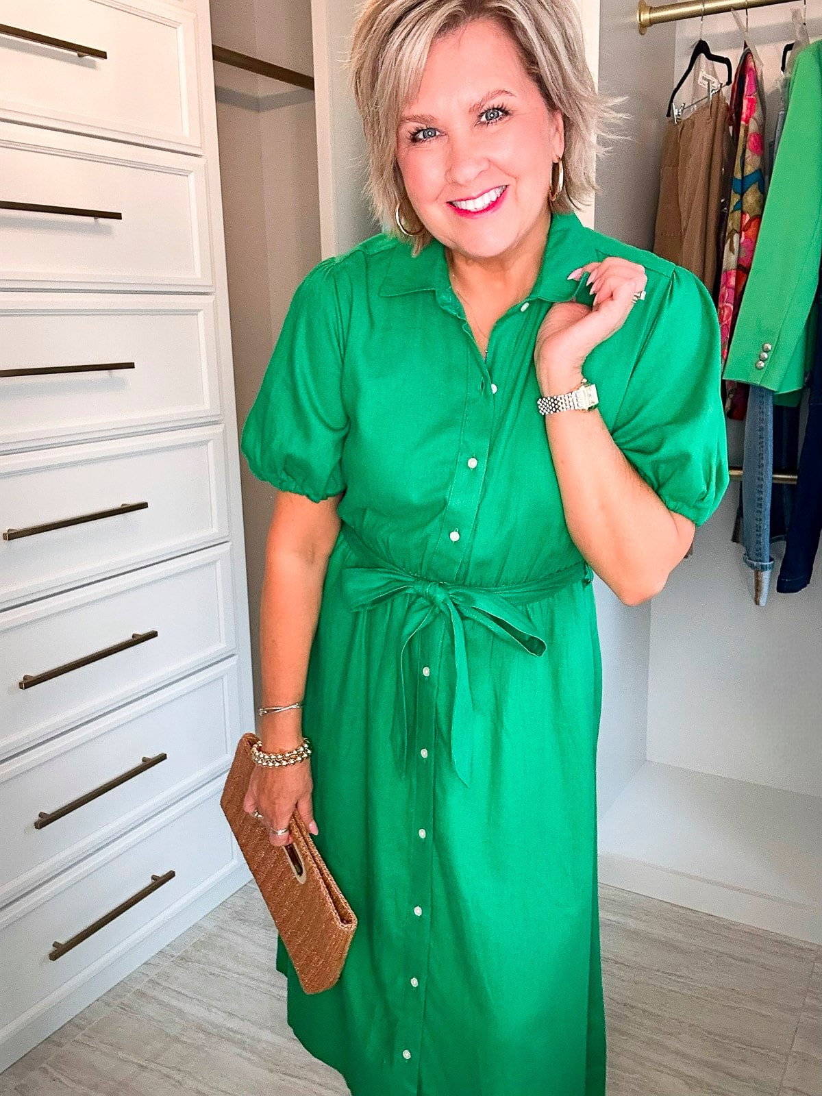 Over 50 Fashion Blogger, Tania Stephens is showing how to beat the summer heatwave In a green shirtdress5