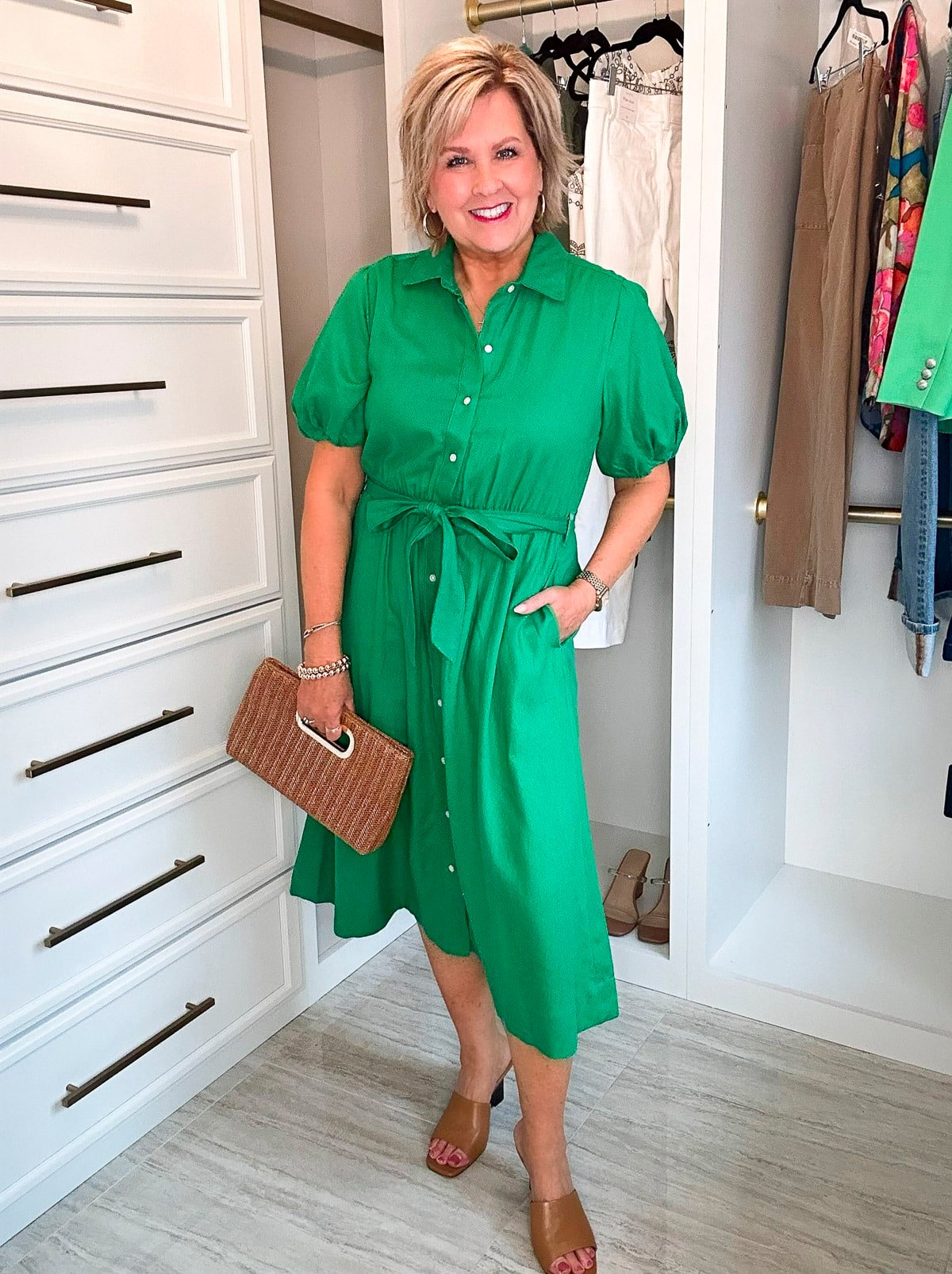 Over 50 Fashion Blogger, Tania Stephens is showing how to beat the summer heatwave In a green shirtdress 6