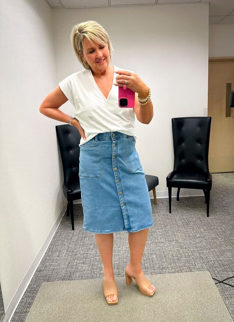 Over 50 Fashion Blogger, Tania Stephens, is wearing a sweater and white tee and a denim skirt from the Nordstrom Anniversary Sale-2