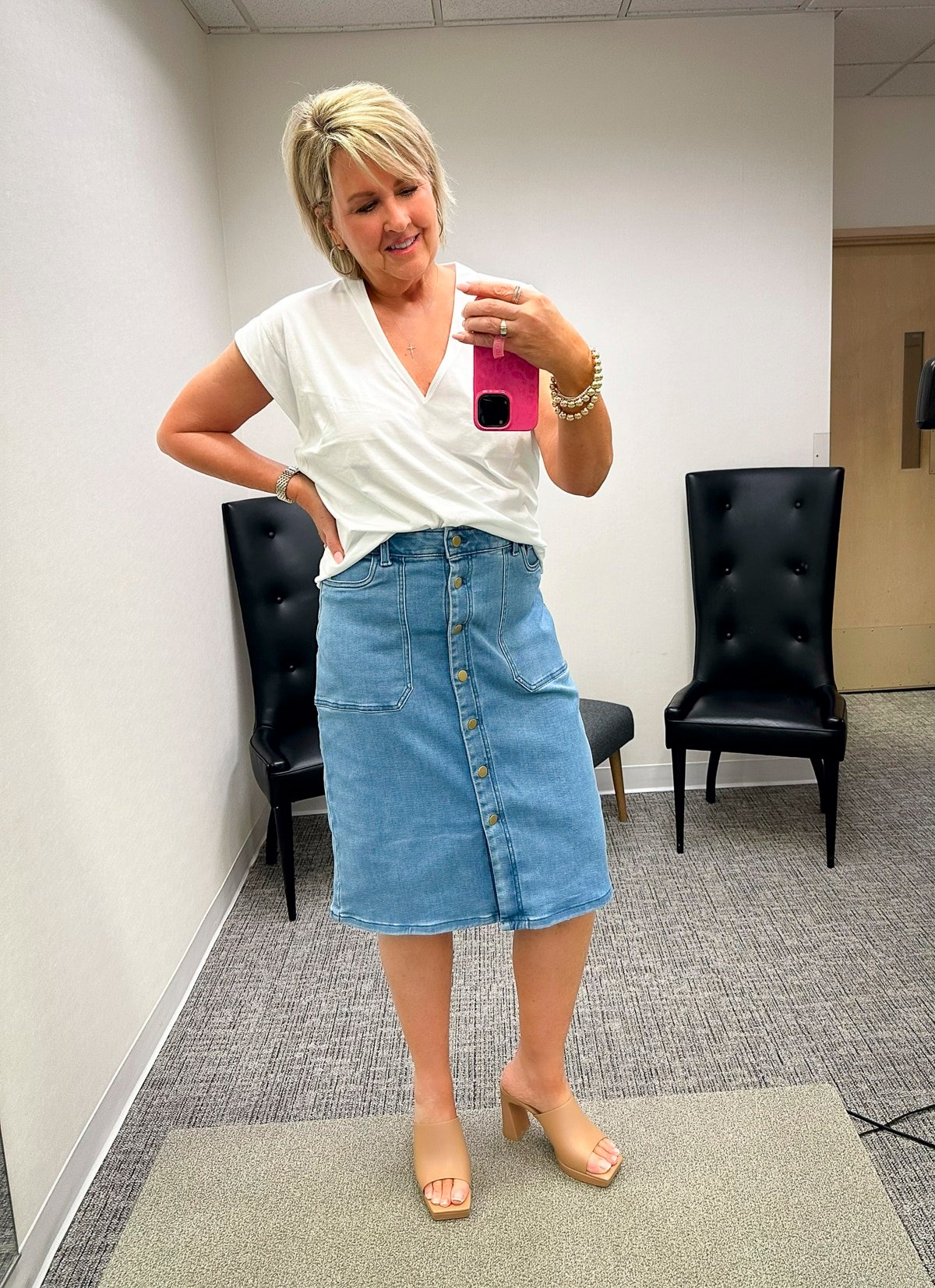 Over 50 Fashion Blogger, Tania Stephens, is wearing a sweater and white tee and a denim skirt from the Nordstrom Anniversary Sale-2