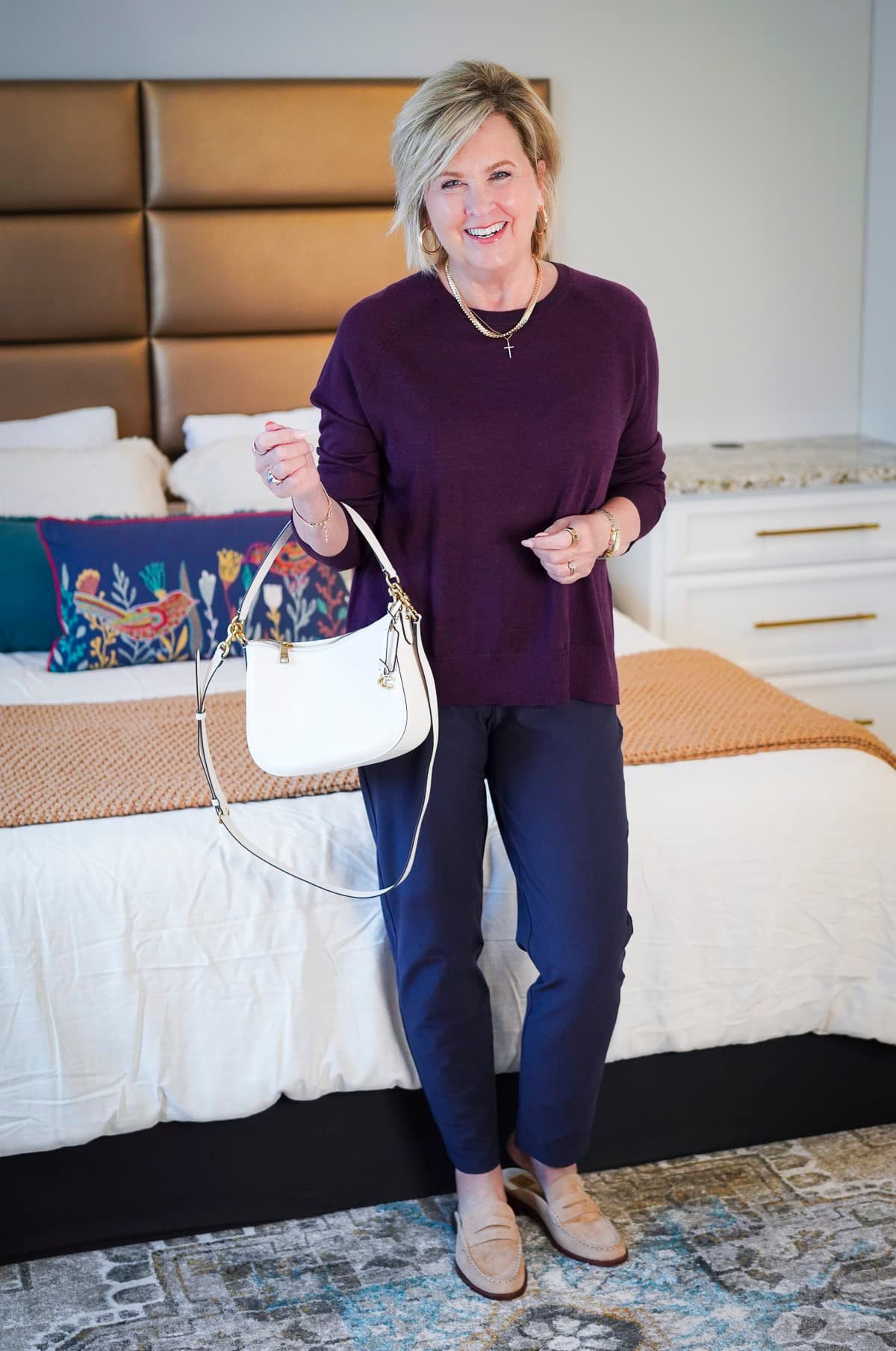 A maroon sweater and navy pants from Eileen Fisher at Nordstrom27