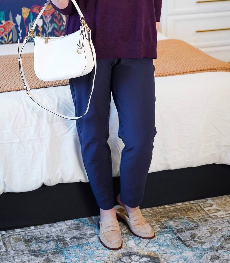 A maroon sweater and navy pants from Eileen Fisher at Nordstrom28