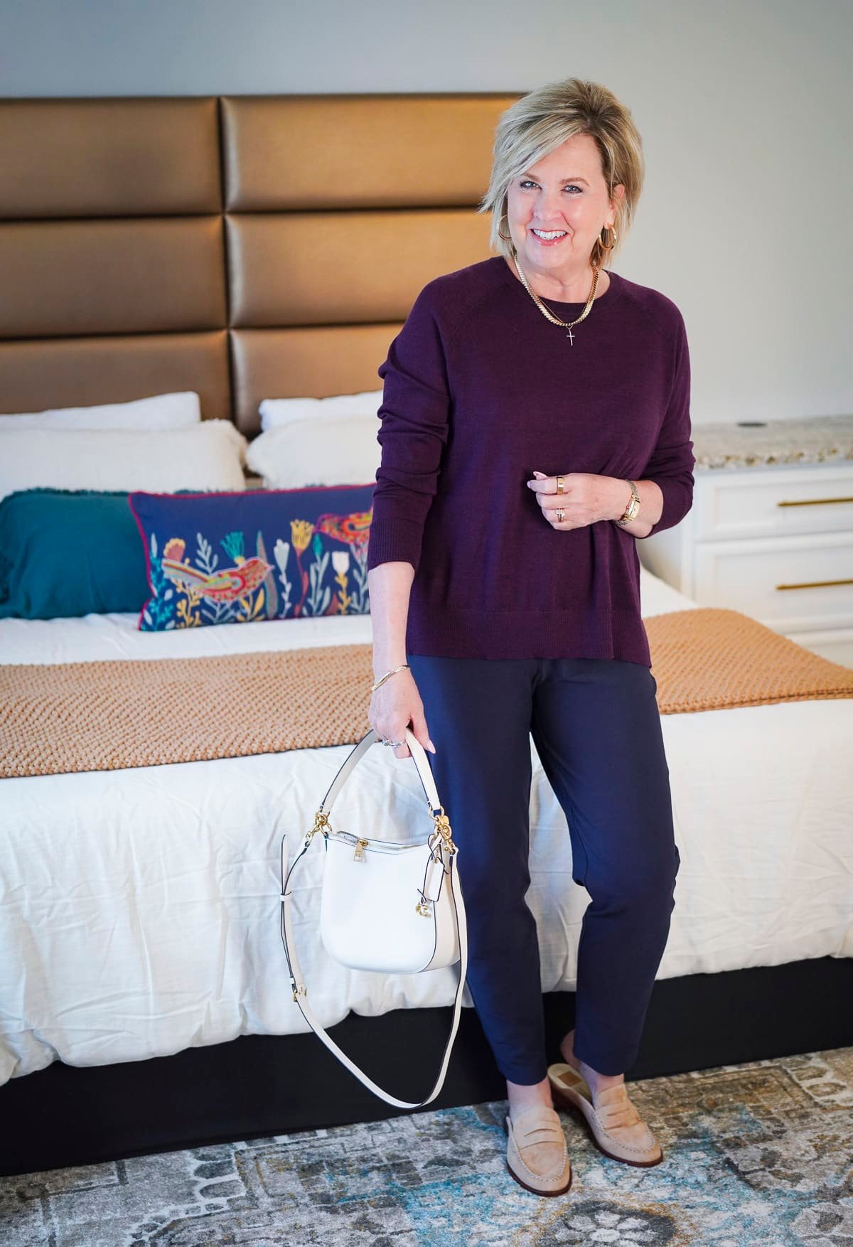 A maroon sweater and navy pants from Eileen Fisher at Nordstrom29