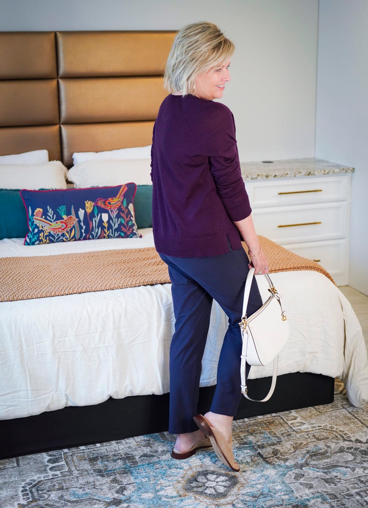 A maroon sweater and navy pants from Eileen Fisher at Nordstrom32