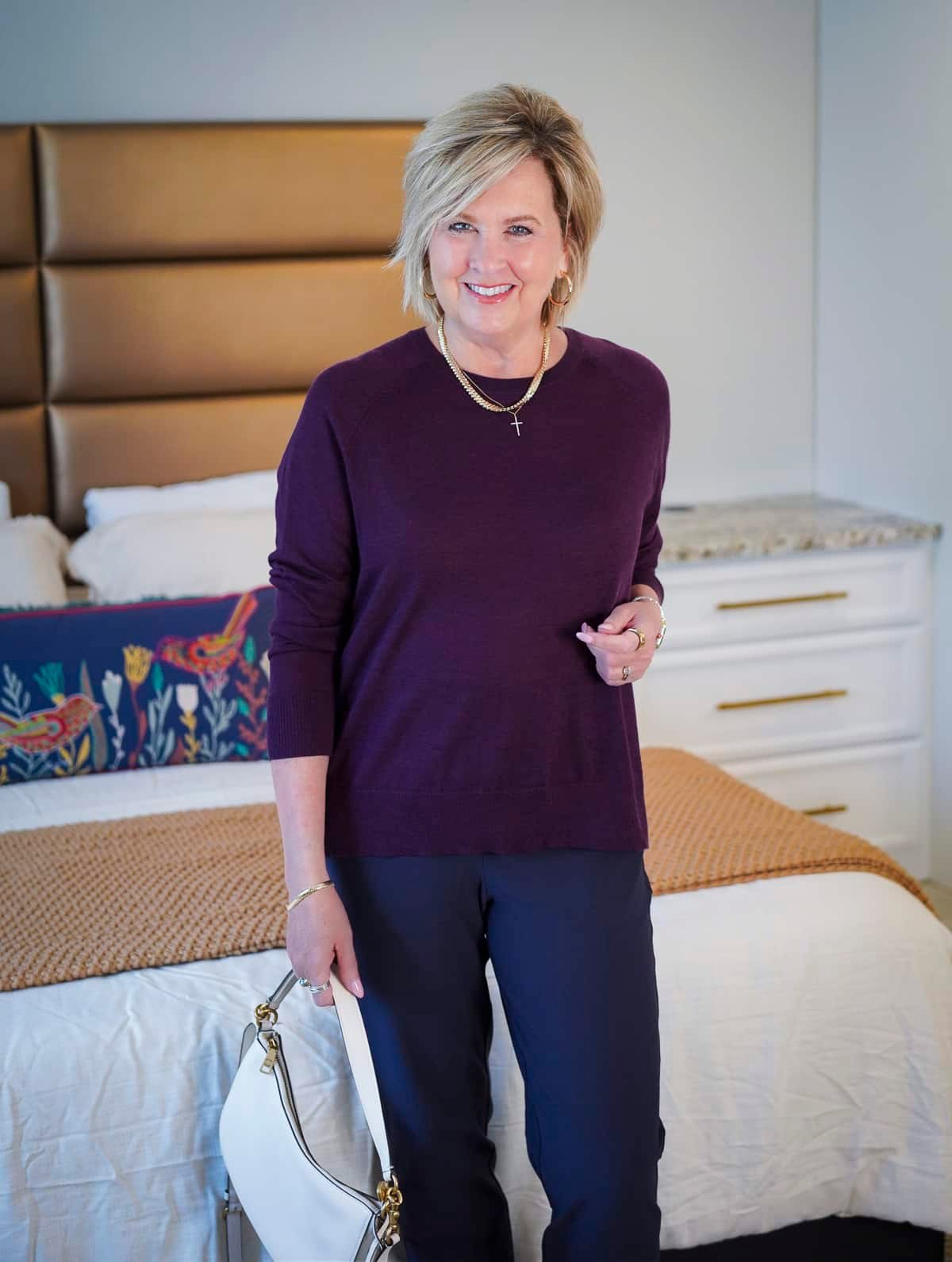 A maroon sweater and navy pants from Eileen Fisher at Nordstrom35