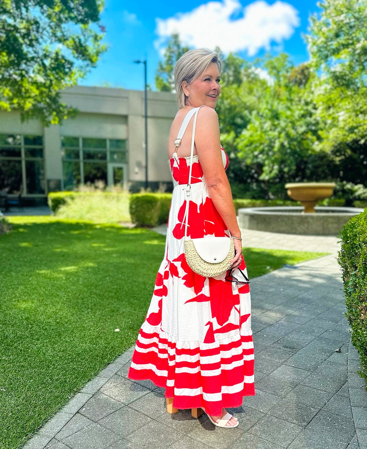 Over 50 fashion blogger, Tania Stephens is wearing a red and white sundress from Kohl's19