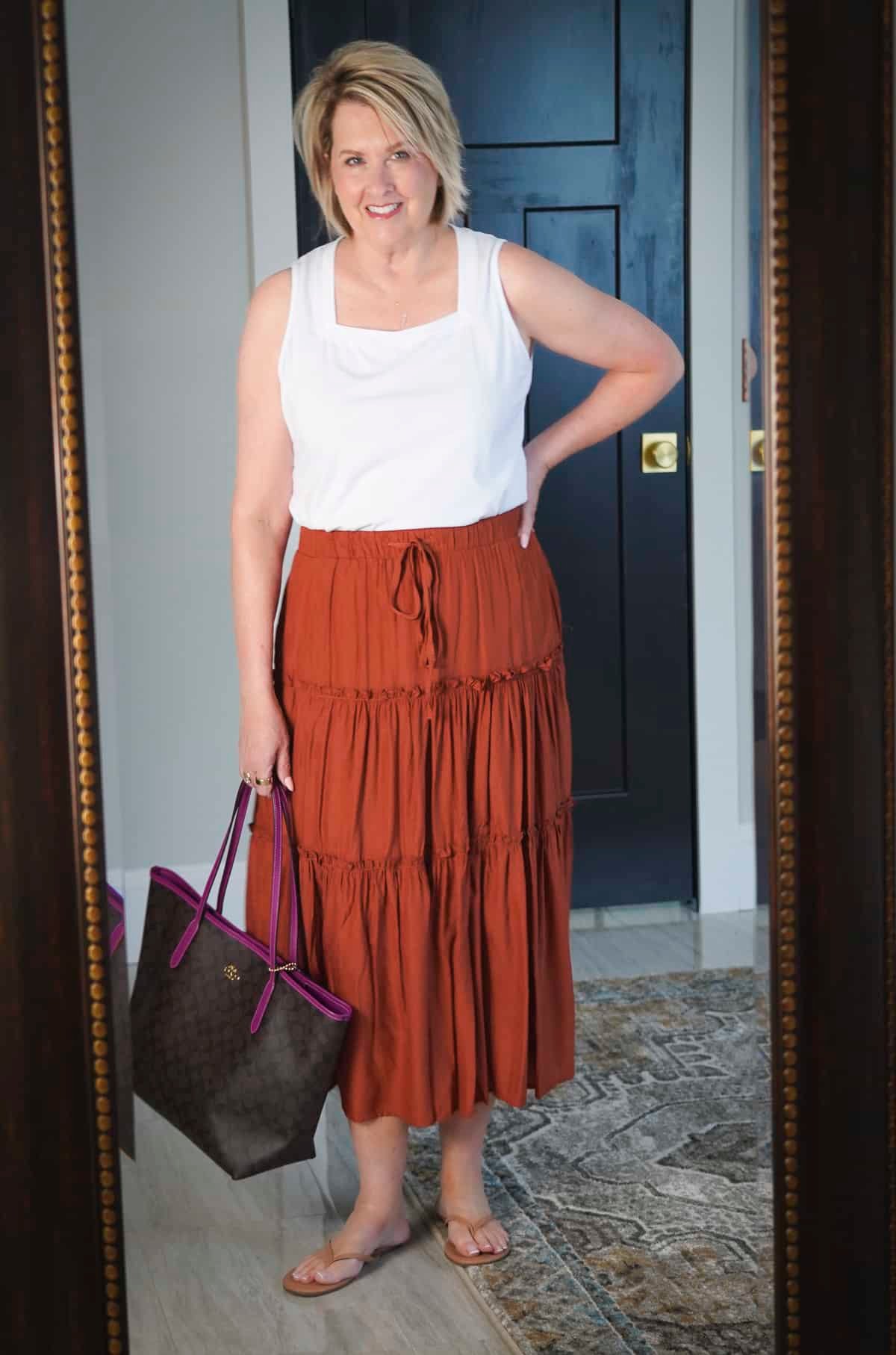What I found on Walmart - square neck top and a rust tiered skirt 2
