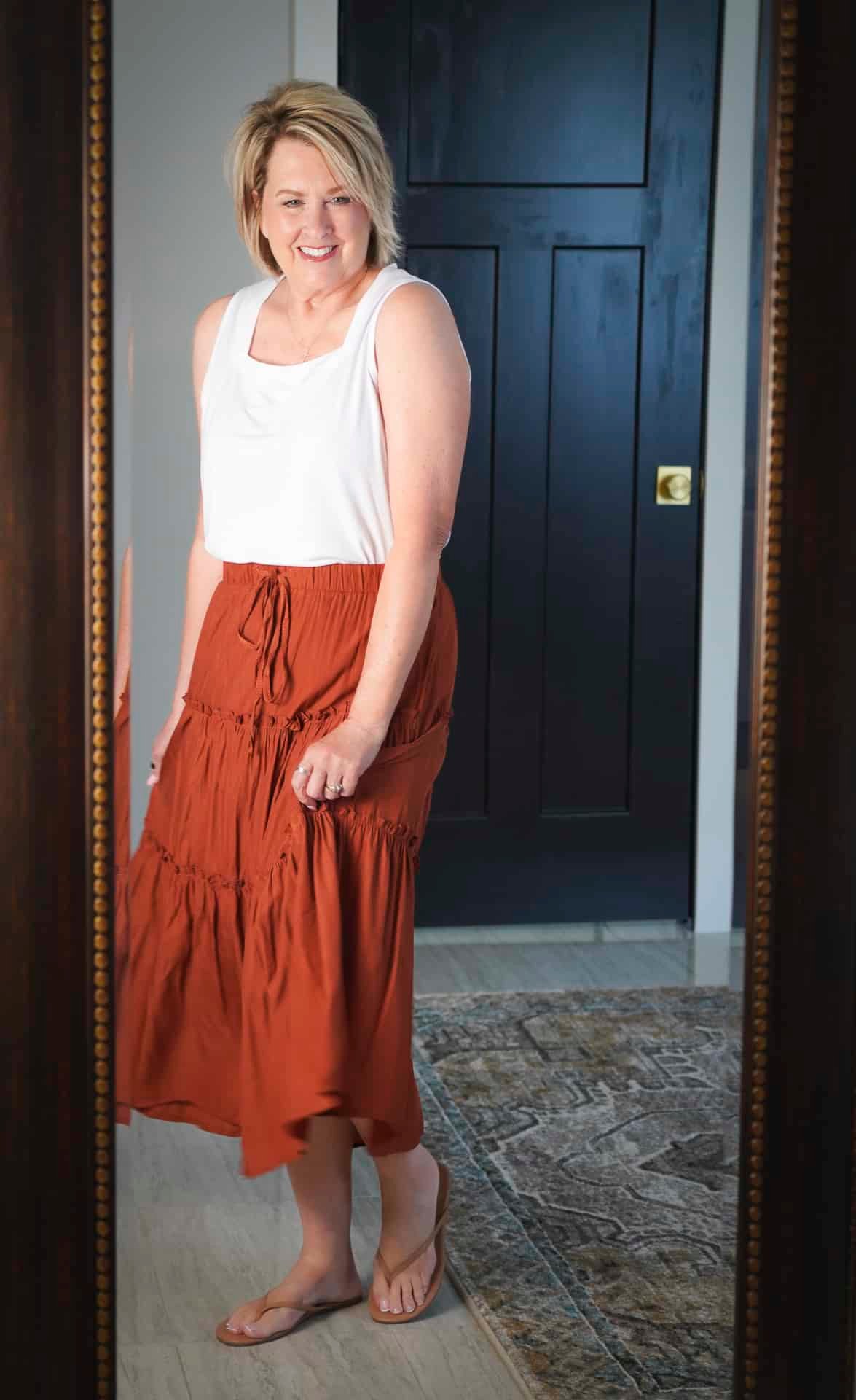 What I found on Walmart - square neck top and a rust tiered skirt6