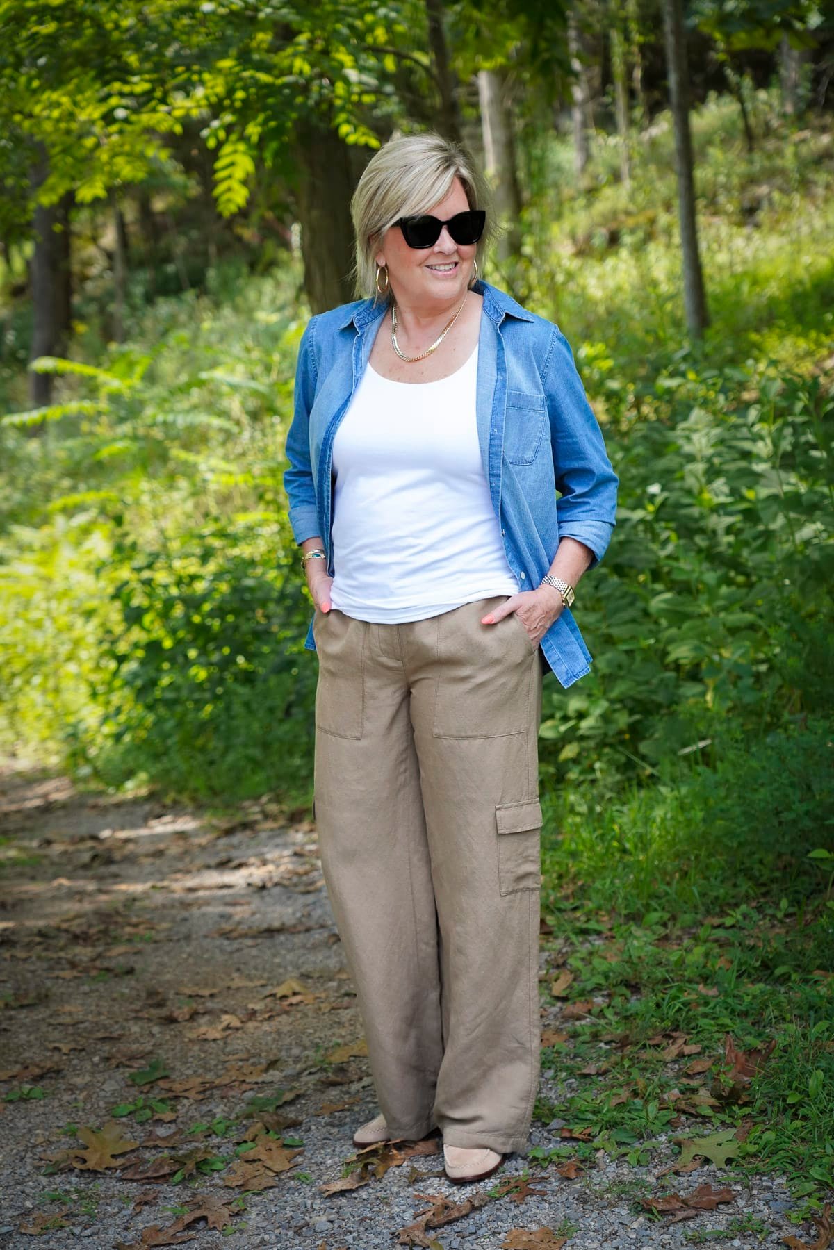 Tania Stephens is wearing a denim shirt with cargo pants from J.Jill