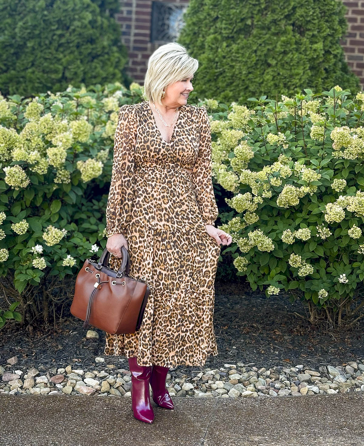 Tania Stephens is wearing fall styles from Walmart - a leopard print midi dress and burgundy knee boots18