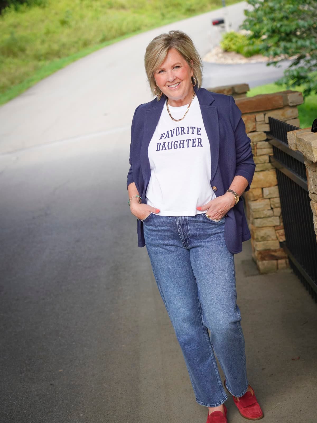 Tania Stephens is wearing a Favorite Daughter Tee and a Navy Blazer from Caslon