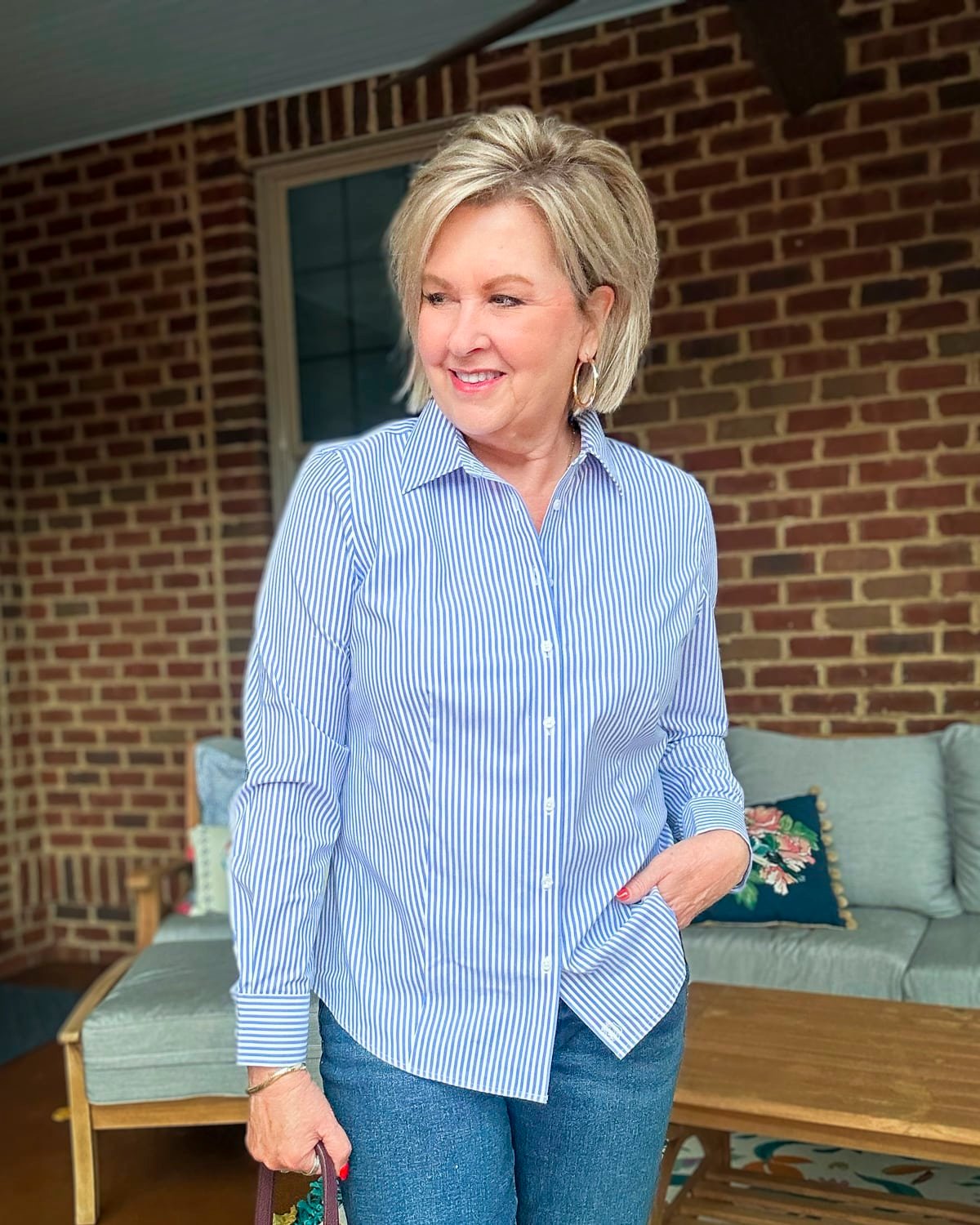 Tania Stephens is wearing a striped button up shirt from Talbots