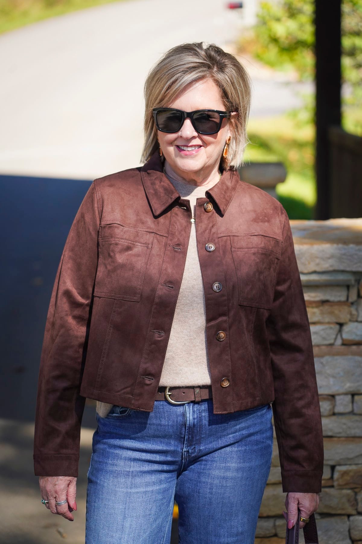 Tania Stephens is styling Trending Chocolate Brown This Fall with a Kut from the Kloth brown faux suede jacket 