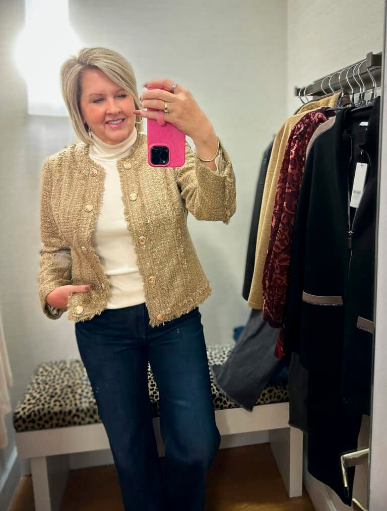 Tania Stephens wearing a gold tweed metallic jacket with jeans