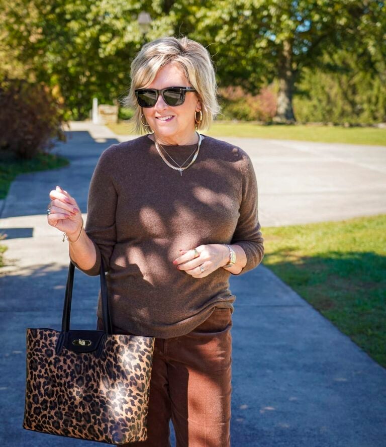 Tania Stephens is styling a cashmere sweater with chocolate corduroy pants from the Talbots Friends and Family Sale