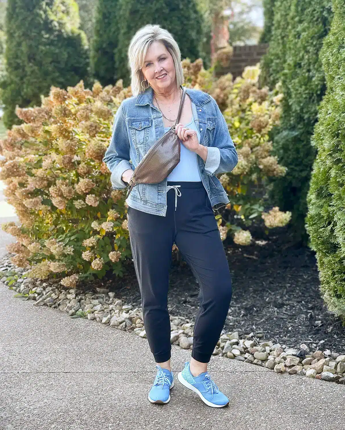 Denim Jacket + Tee + Joggers + Crossbody outfit for Women over 50