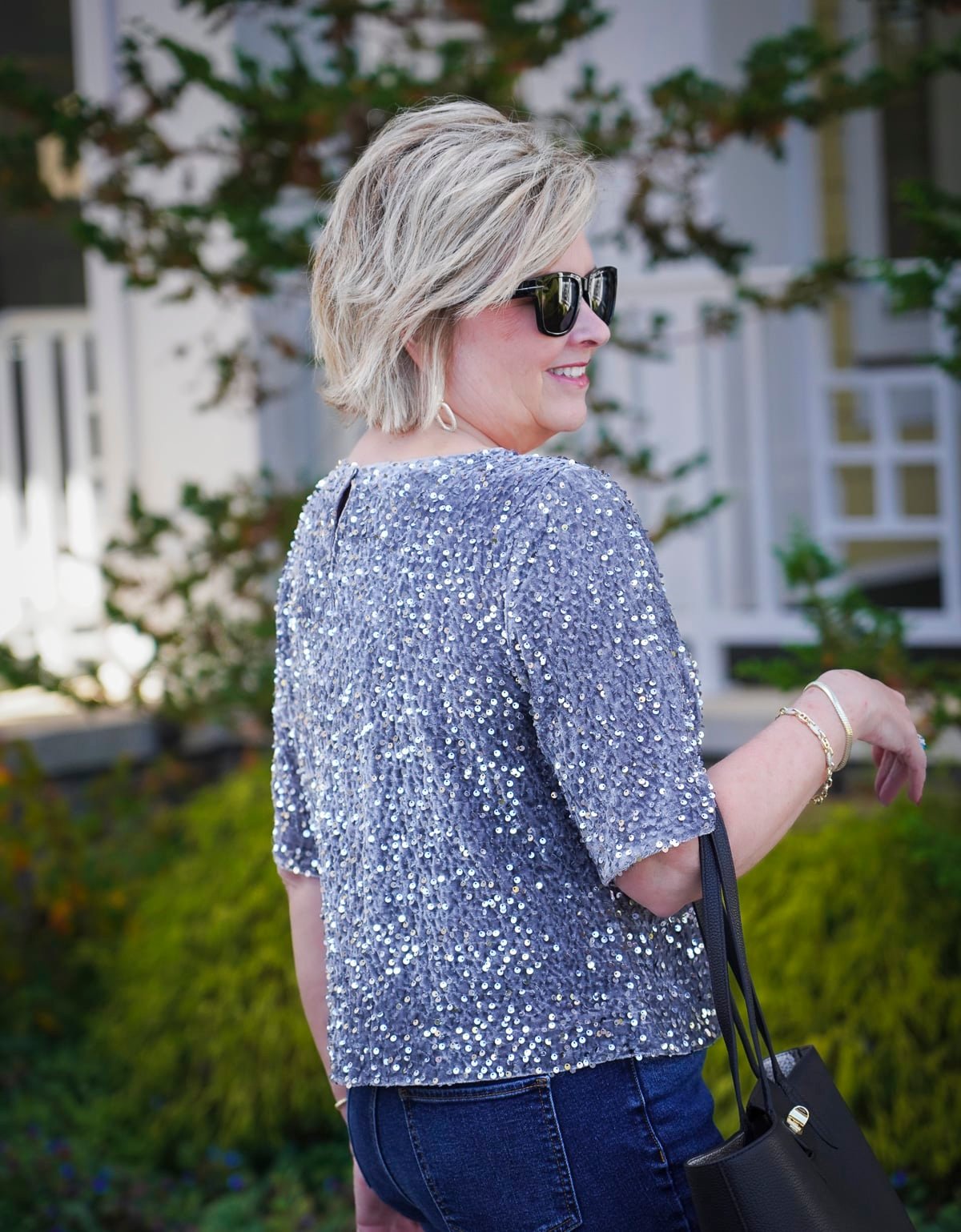 Talbots Holiday Styles You’ll Love - the back of a gray velvet top with sequins