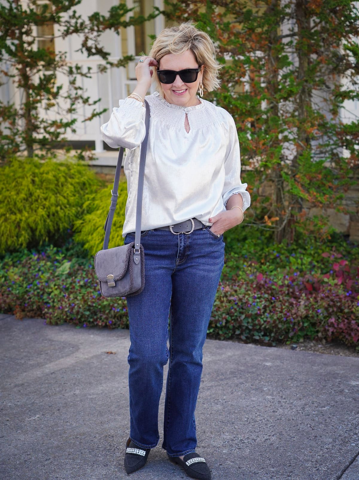 Talbots Holiday Styles You’ll Love - Silver metallic top and bootcut jeans