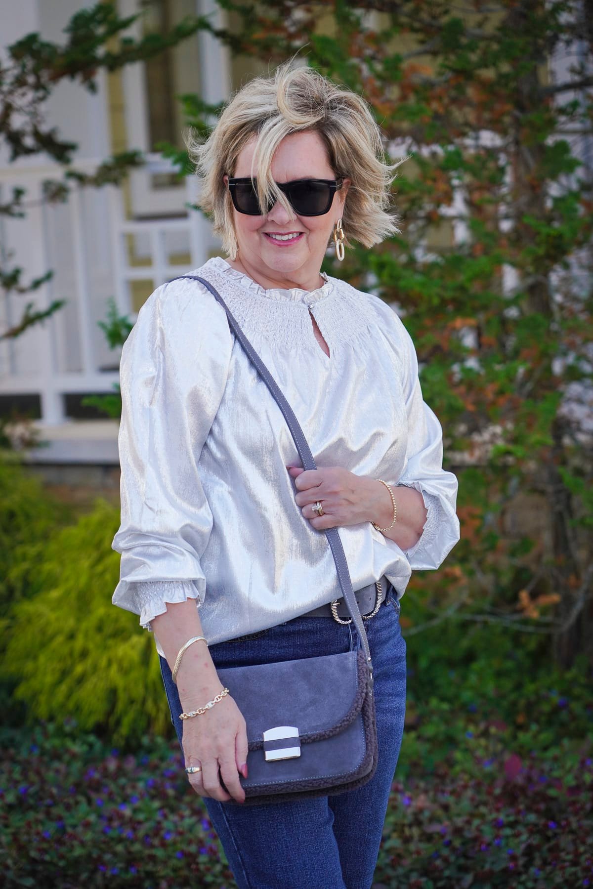 Talbots Holiday Styles You’ll Love - Silver metallic top and gray crossbody